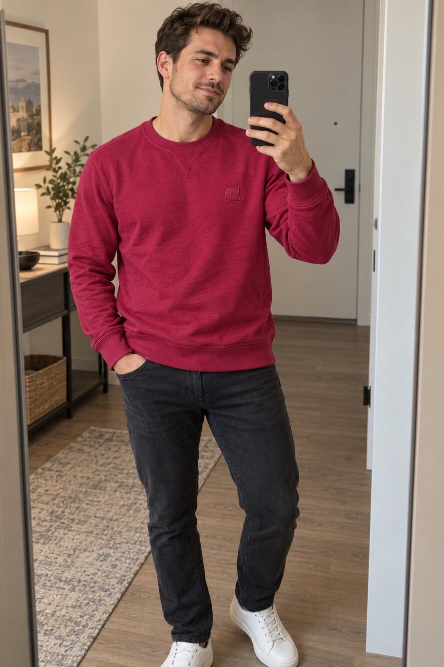 BOSS Hugo Boss Mens Crewneck Sweatshirt Pink Magenta Logo Pullover Casual